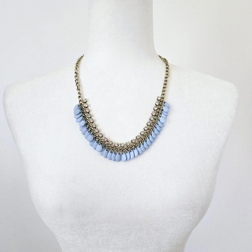 Statement Necklace Blue Beaded Rhinestone Chain Classic Retro Cocktail Party 22